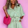 Women's Green Stripe Textured Short Sleeve Collared Buttoned Waist Tie Romper - Chic & Casual Style - Image 6