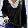 Women's Black Color Contrast Ribbed Loose Fit Long Sleeve Top - Image 3