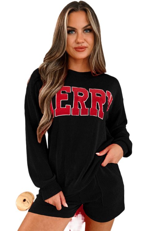 Women's Black Corded MERRY Graphic Long Sleeve Top and High Waist Shorts Set