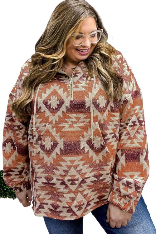 Plus Size Women's Red Aztec Pattern Half Zip High Neck Hoodie - Western Fashion