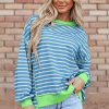 Women's Sky Blue Stripe Contrast Trim High Low Pullover Tunic Sweatshirt - Image 2