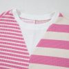 Women's Pink Stripe Patchwork Textured Short Sleeve High Low Loose Top - Image 16