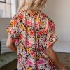 Charming Women's Pink Floral Print Crew Neck Short Sleeve Shift Blouse - Image 2