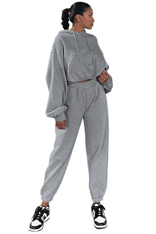 Women's Fashionable Gray Solid Drop Shoulder Hoodie and Joggers Activewear Set