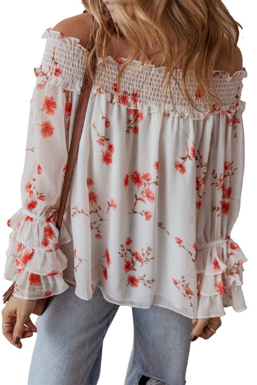 Women's White Floral Print Off Shoulder Ruffled Sleeve Blouse