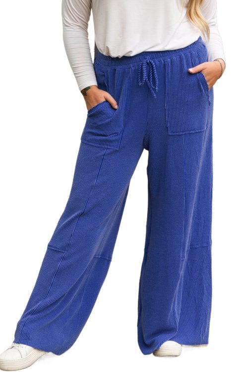 Women's Sky Blue Corded Drawstring High Waist Plus Size Wide Leg Pants