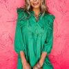 Women's Bright Green Embroidered 3/4 Sleeve V Neck Mini Dress - Image 7