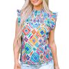 Women's Light Blue Geometric Printed Flutter Sleeve Mock Neck Shirred Blouse - Image 18