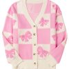 Women's Pink Bowknot Checkered Pattern V Neck Drop Shoulder Button Up Cardigan - Image 17