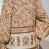 Women's Yellow Floral Print Tie Neck Blouse with Lantern Sleeves - Image 2