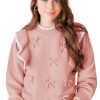 Women's Light Pink Ruffled Bowknot Long Sleeve Sweater with Ribbed Trim - Image 2