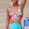 Women's Reversible Purple Abstract Geometry Print One Piece Swimsuit with Daring Cutout Design - Image 20