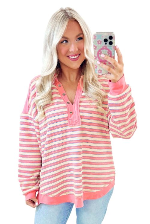 Women's Pink Stripe Buttoned V Neck Collared Drop Shoulder Long Sleeve Top