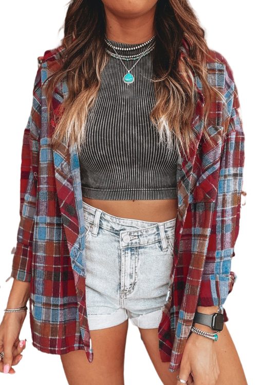 Women's Red Plaid Print Loose Vintage Shirt