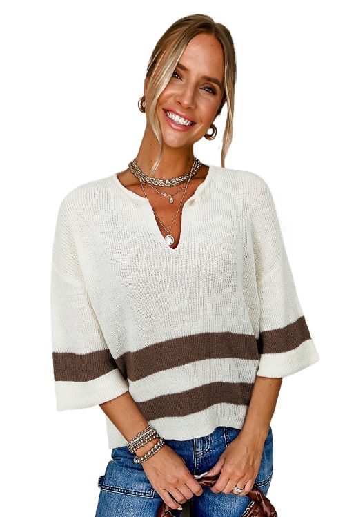 Women's Brown Striped Accent Notched V Neck Cropped Sweater T-Shirt