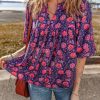 Women's Purple Floral Half Sleeve Split Neck Blouse - Chic Summer Top - Image 6