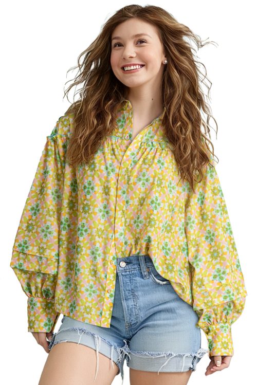 Women's Green Boho Floral Print Frilly Detail Puff Sleeve Shirt