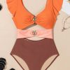 Elegant Orange Ruffle Sleeve Tricolor Cutout Front Ring One Piece Swimsuit - Image 22