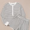 Women's Black and White Stripes Printed Half Button Long Sleeve Top and Shorts Set - Image 7