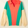 Women's Grapefruit Orange Color Block Patchwork Long Sleeve V Neck Top - Image 3