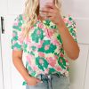 Elegant Women's Green Abstract Print Frilly Neck Ruched Short Sleeve Blouse - Image 2