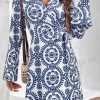Women's Blue Floral Print V Neck Wrapped Knot Long Sleeve Shift Dress - Image 5