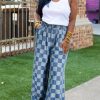 Dusk Blue Plus Size Checkered Seamed High Waist Wide Leg Jeans for Women - Image 3