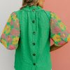 Women's Bright Green Floral Puff Sleeve Ruffled Collar Top - Image 3