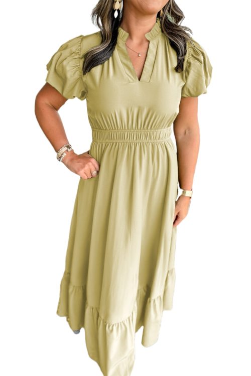 Laurel Green Plus Size Maxi Dress with Notched V Neck and Puff Sleeves