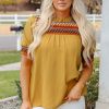 Chic Mustard Geometric Short Puff Sleeve Blouse with Frilled Collar - Image 7