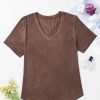 Women's Chestnut Criss Cross V Neck Casual T-Shirt with Unique Mineral Wash - Image 3