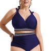 Plus Size Navy Blue Embroidered Trim Wrap Tie Knot High Waisted Bikini - Image 33