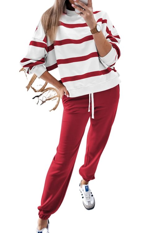 Women's Red Stripe Drop Shoulder Pullover and Jogger Pants Set - Casual Two Piece Outfit