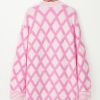 Women's Pink Rhombus Pattern Knit Open Front Cardigan with Pockets - Image 7