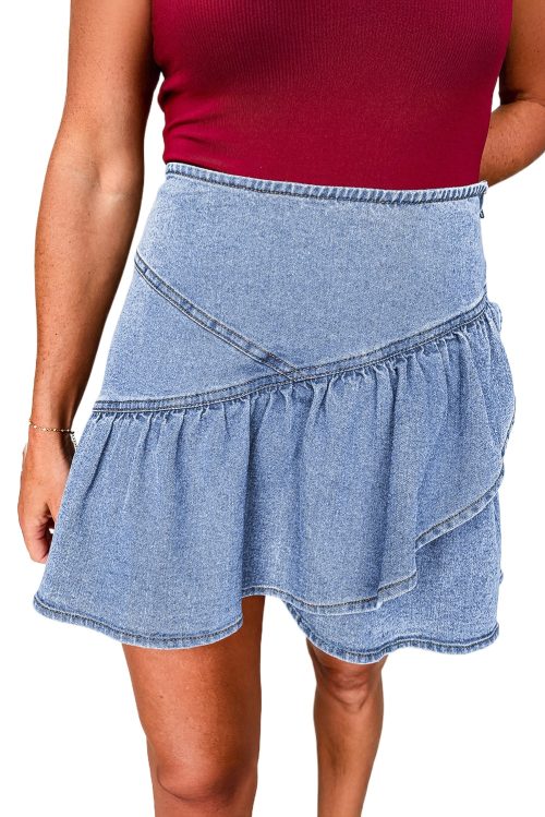 Women's Beau Blue Asymmetric Ruffle Overlay Denim Mini Skirt - Flattering Fit for All Body Types