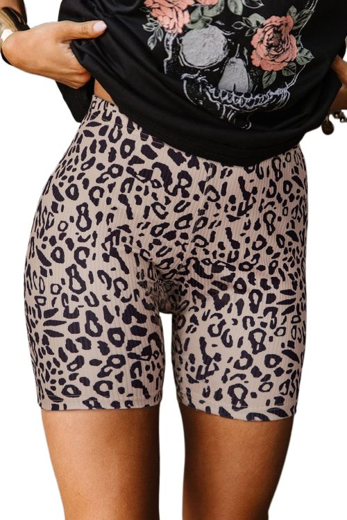 Women's Khaki Leopard Print Ribbed Knit Biker Shorts - High Waisted Fashion