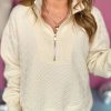 Women's Beige Solid Textured Half Zipper Sweatshirt - Image 2