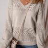 Women's Brown Eyelet Pattern V Neck Drop Shoulder Sweater - Casual Chic for Fall - Image 5