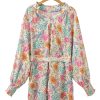 Women's Multicolour Floral Print Bubble Sleeve V Neck Mini Dress - Chic Boho Style - Image 13