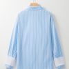 Women's Sky Blue Stripe Contrast Cuffed Sleeve Casual Shirt with Patch Pocket - Image 9