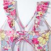 Women's Pink Floral Ruffle Trim V Neck Lace-up Back Tummy Control One Piece Swimsuit - Image 20