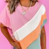 Stylish Women's Pink Color Block Patchwork Crewneck T-Shirt - Image 10