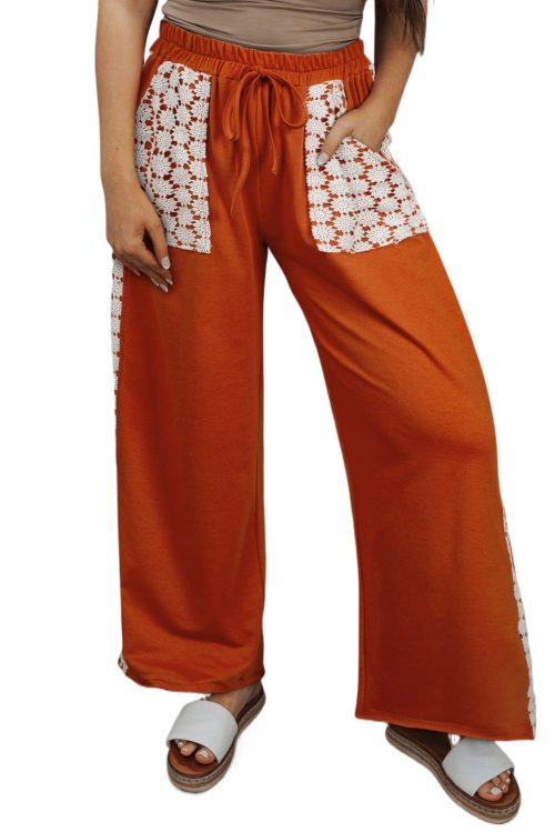 Floral Crochet Plus Size Wide Leg Pants with Gold Flame Drawstring