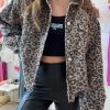 Women's Dark Khaki Leopard Print Corduroy Irregular Hem Buttoned Jacket - Image 4