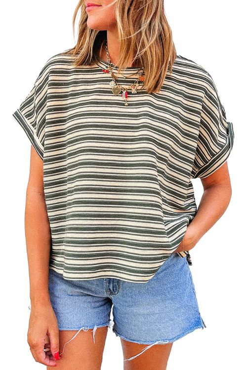 Women's Green Stripe Textured Crew Neck T-Shirt with Side Slits