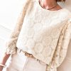 Women's Oatmeal Floral Jacquard Ruffled 3/4 Sleeve Blouse - Image 3