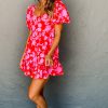 Women's Red Floral Bubble Sleeve Sweetheart Neck Ruffled Mini Dress - Image 12