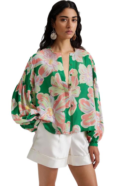 Women's Green Floral Print Button Up Pleated Puff Sleeve Loose Shirt