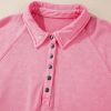 Women's Oversized Pink Solid Snap Buttons Collared Balloon Sleeve Sweatshirt - Image 7