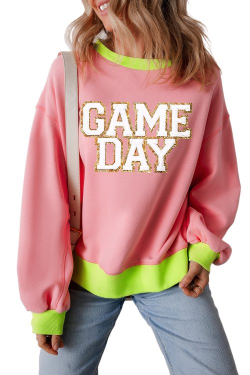 Women's Pink Glitter Game Day Color Block Crew Neck Sweatshirt